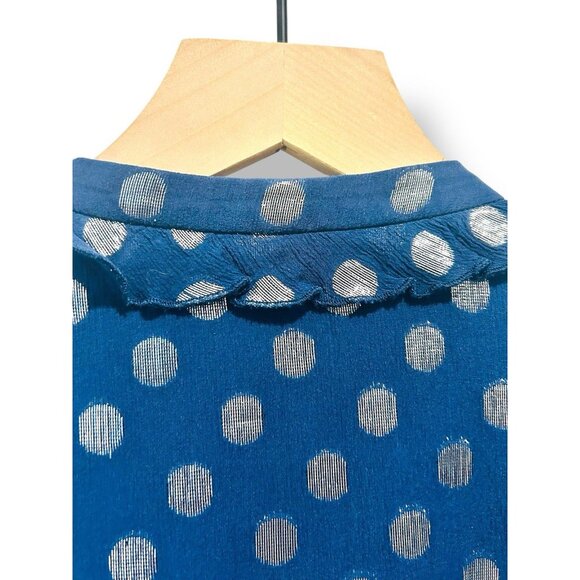 SALONI Navy Tilly Dress Womens Sz 6 Metallic Polka Dots Silk Ruffle Drop Waist - Picture 6 of 16